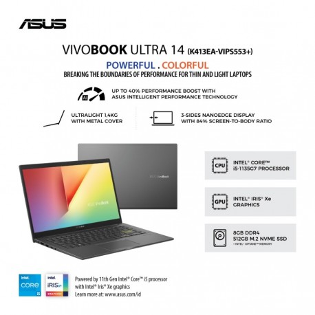 ASUS VivoBook ULTRA 14 K413EA-VIPS553+ (Intel® Core™ i5-1135G7/ Intel Iris Xᵉ Graphics/ 8GB RAM/ 512GB SSD/ 14″FHD/Win11) Black
